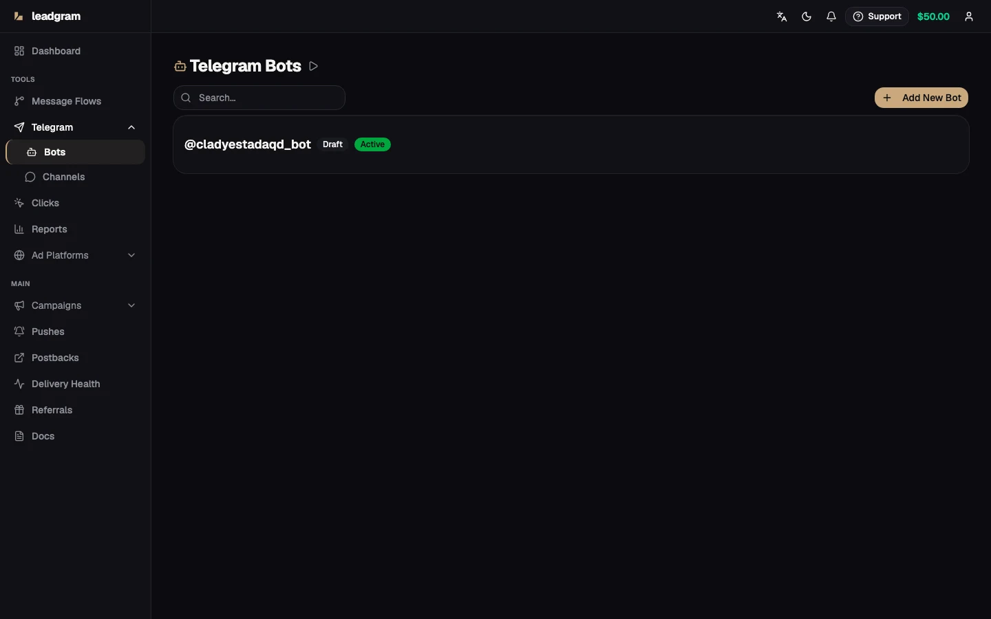 Bots list with active badge and type
