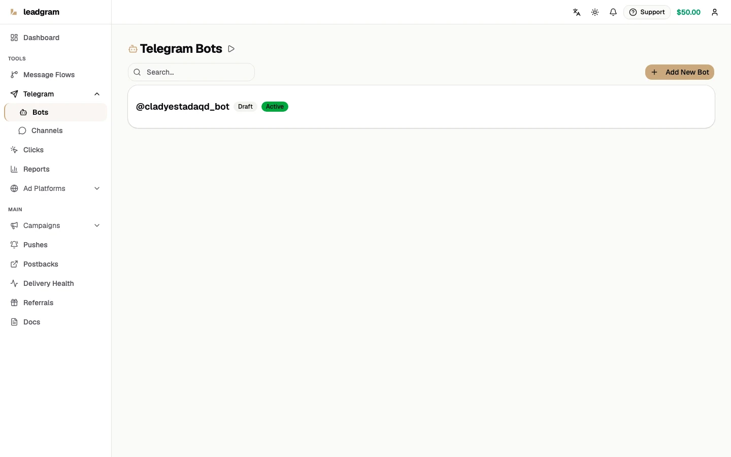 Bots list with active badge and type