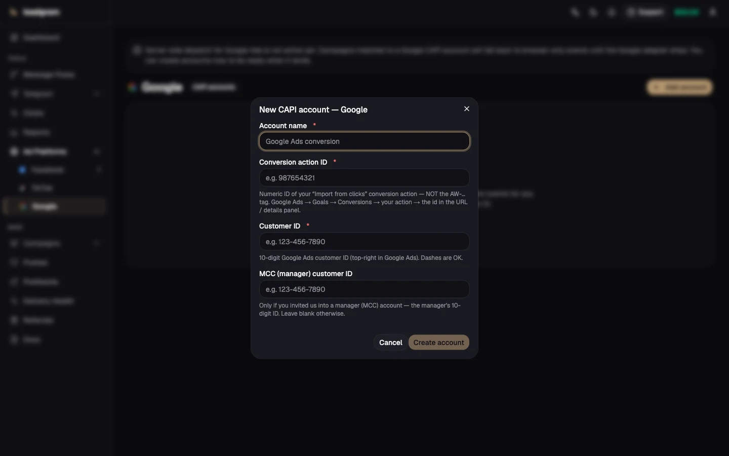 Форма акаунта Google з ID дії-конверсії та Customer ID