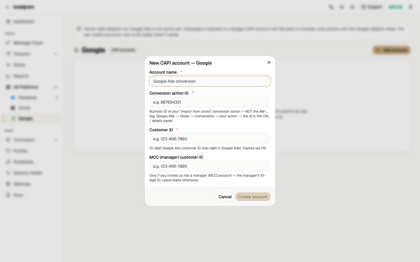 Форма акаунта Google з ID дії-конверсії та Customer ID