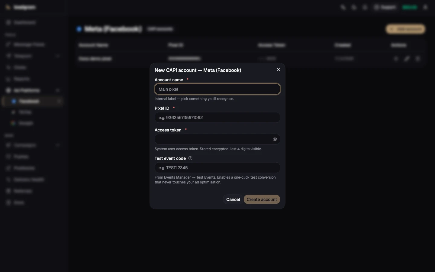 CAPI account form with Pixel ID and access token fields