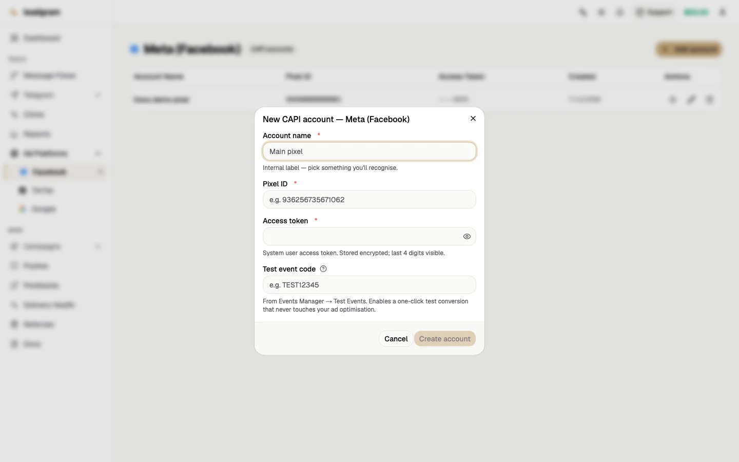 CAPI account form with Pixel ID and access token fields