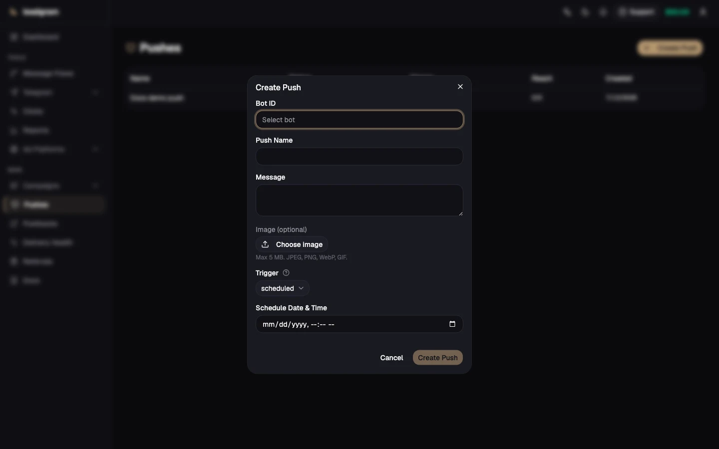 Create push form with scheduled and event-based options