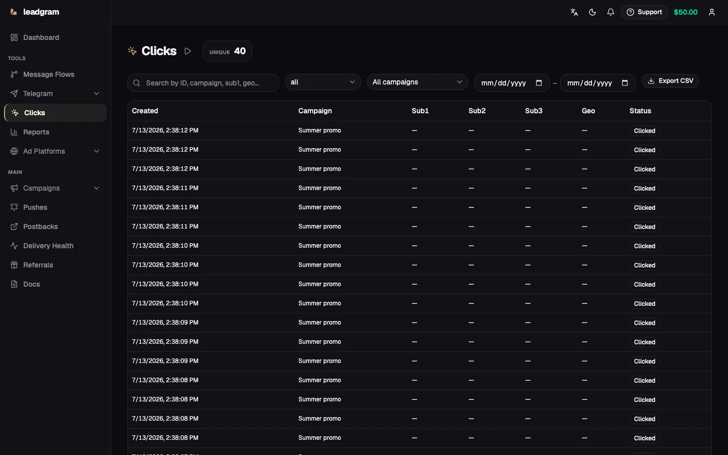 Clicks table with filters and status column