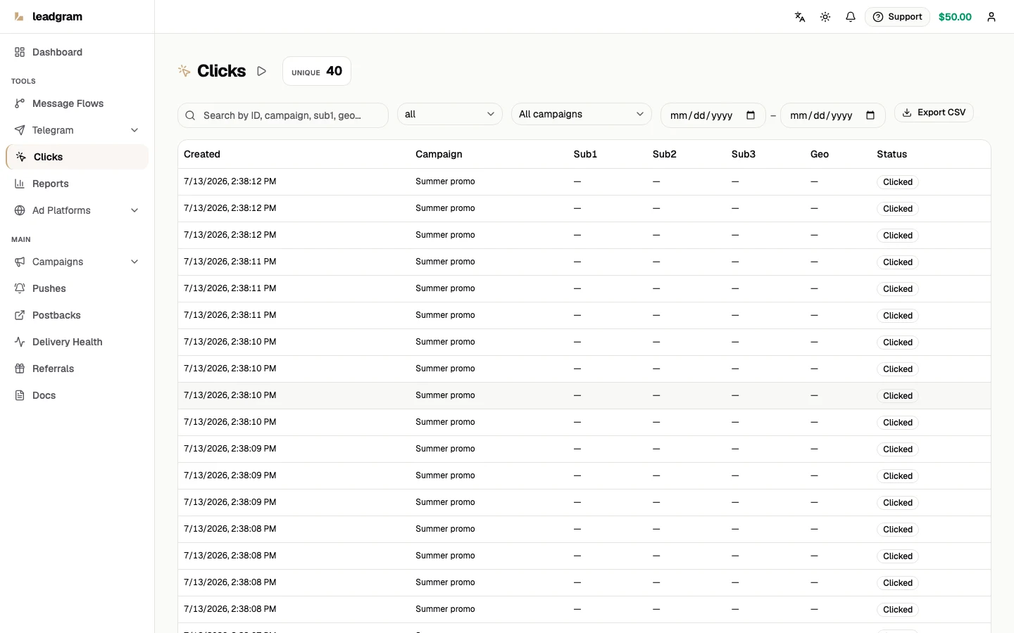 Clicks table with filters and status column